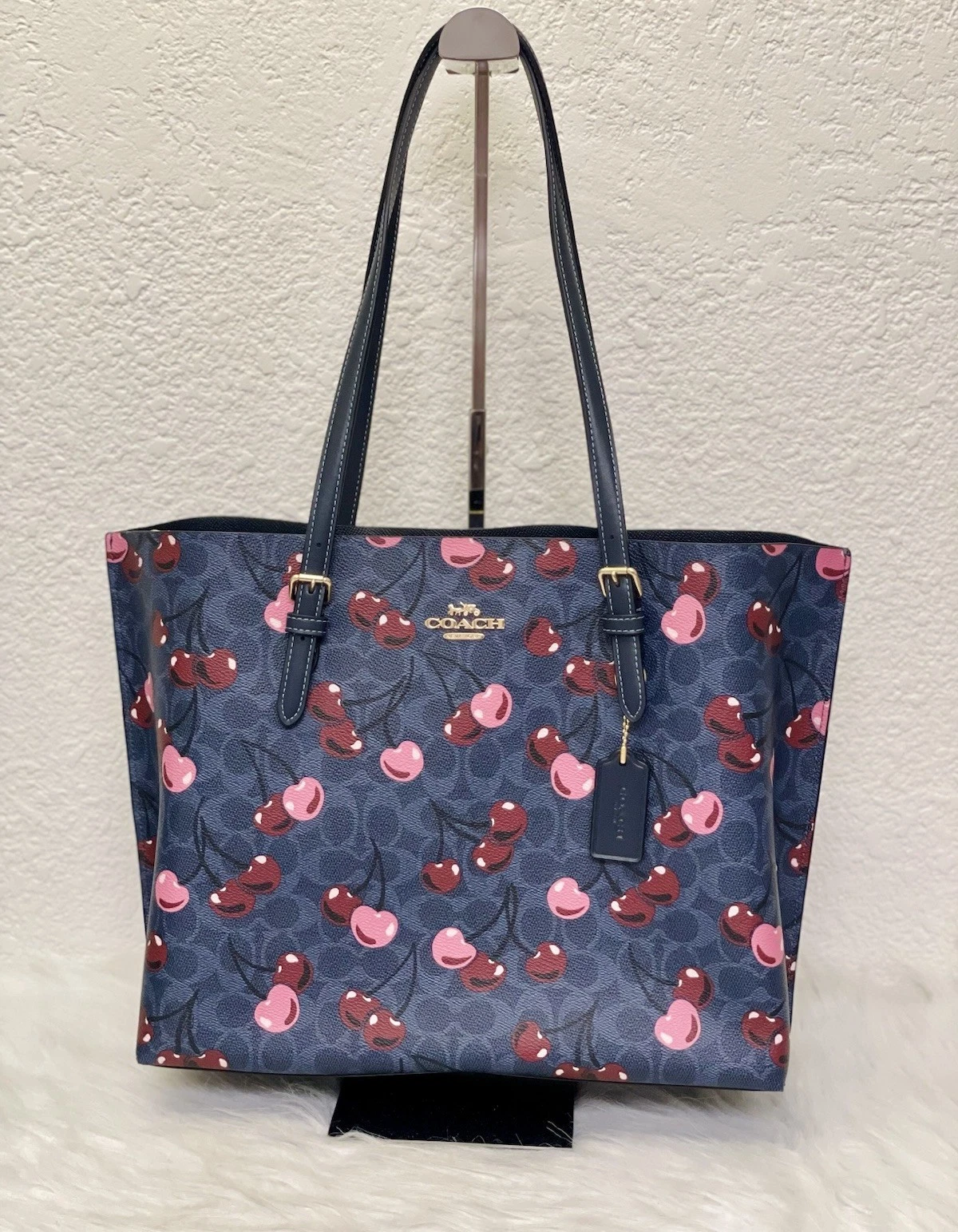 Borsa Coach grande Mollie in tela firmata con stampa ciliegia in denim CAA73 nuova con etichette