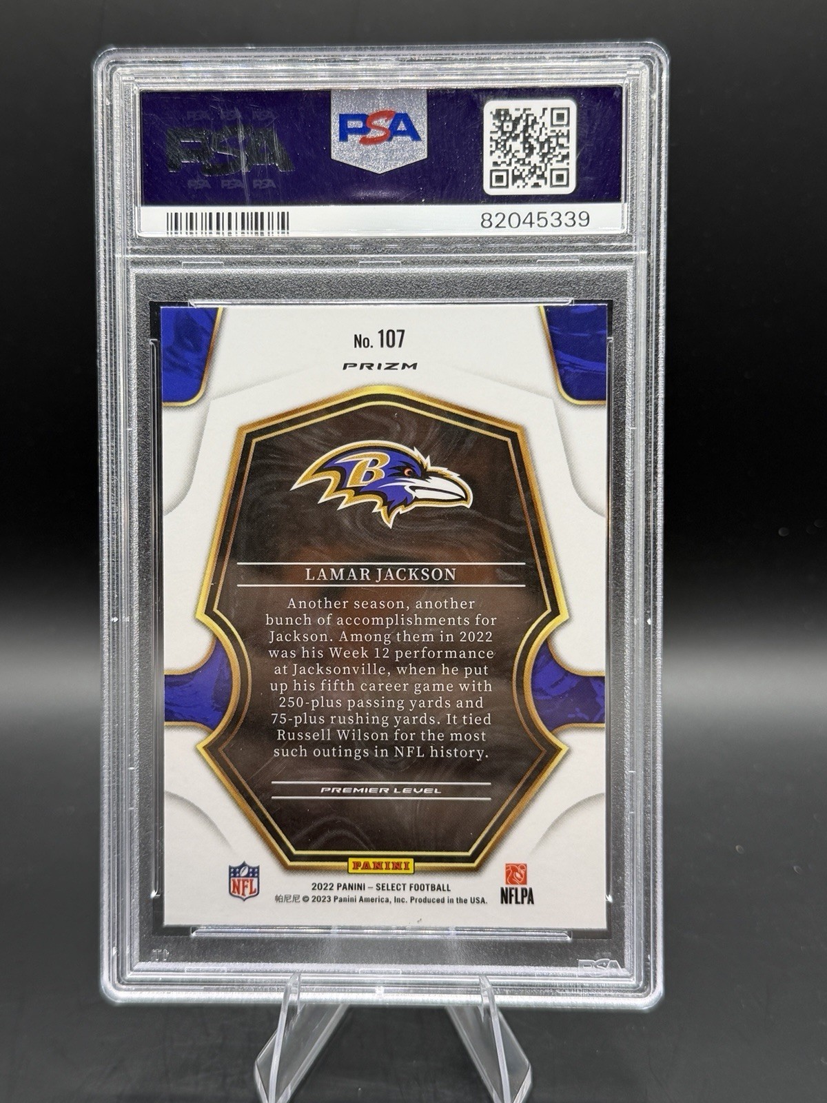 Select 2022 Lamar Jackson Ravens Premier Level Cosmic Prizm #107 PSA 10 POP 6! view 2