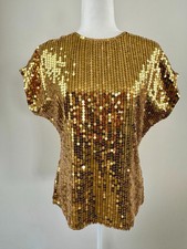 VTG Gold Sequin disco blouse M Top Shirt 70s Oleg Cassini Christmas New Years