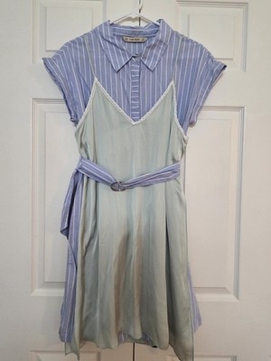 ZARA 2pcs BASIC Blue/Green Striped Collared Button Shirt Dress Belted Size S