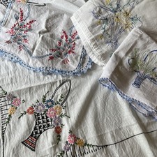 Lot Of Imperfect Hand Embroidered Linens 2 Tablecloths 2 Runners Repurpose/ Use
