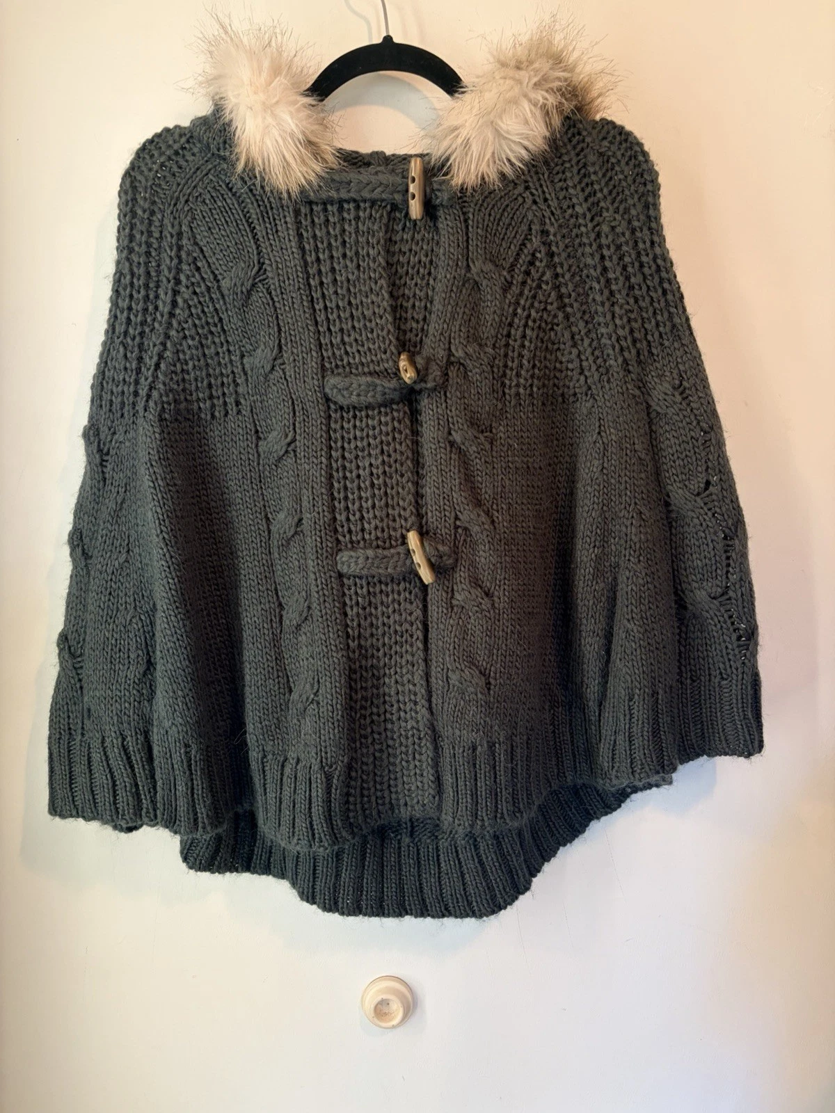LOFT Womens XS/S Chunky Knit Poncho Sweater FauxFur Hood Toggle Gray Alpaca Wool