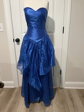 80s Vintage Unbranded Taffeta Ball Gown Prom Dress Strapless Royal Blue Size 9