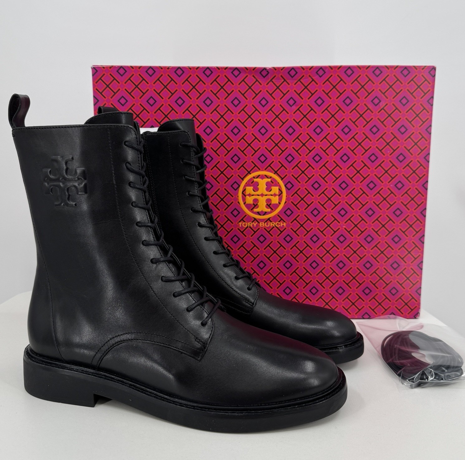 Tory Burch Double T Combat Boots size 9.5 Perfect Black Glossy Calf Leather