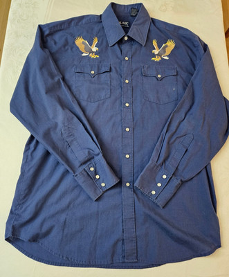 Vintage BLAIR Mens Dbl Eagle Gaucho Pearl Snap Shirt L Blue Embroidered Western