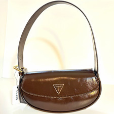 GUESS Small Brown Patent Crescent Shoulder Ba...