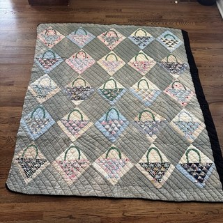 Vtg Handmade Appliqué Hand Stitched Quilt 69x73 Basket Old Feedsack