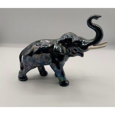 Vintage Iridescent Black Elephant Figurine with Raised Trunk