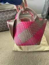 Naghedi St Barths Small Woven Tote Bag - Neon Pink & Tan