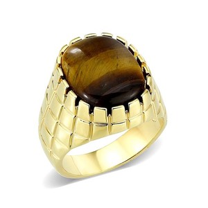 Authentic Men's Patterned Ring, Tiger Eye, 14K Gold Plated,, Grid Pattern