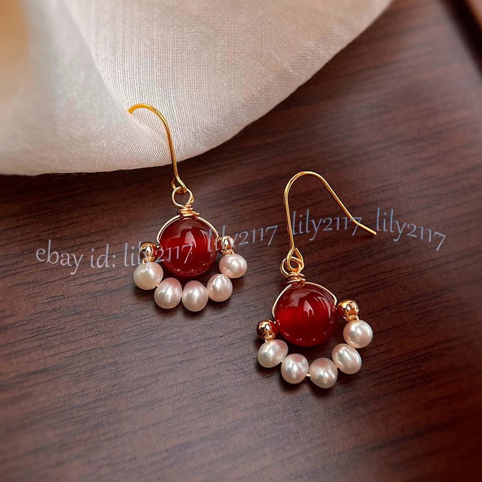 Natural White Freshwater Pearl Red Agate Round Gems Beads Dangle Hook Earrings - Image 4 of 4