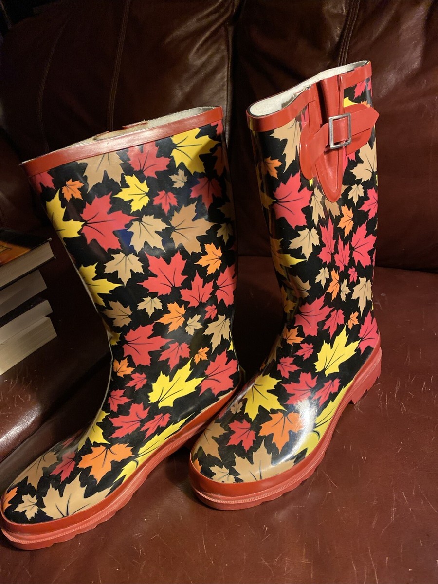Western Chief Women's Autumn Leaves Themed Rain Boots Size 8, New
