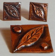 VINTAGE HAND-CRAFTED COPPER DEMI BROOCH EARRINGS SCREWBACKS LEAF
