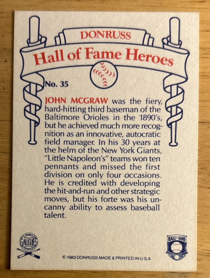 1983 Donruss Hall Fame Heroes John McGraw 35 Orioles Giants Centered w Corners - Image 3 of 3