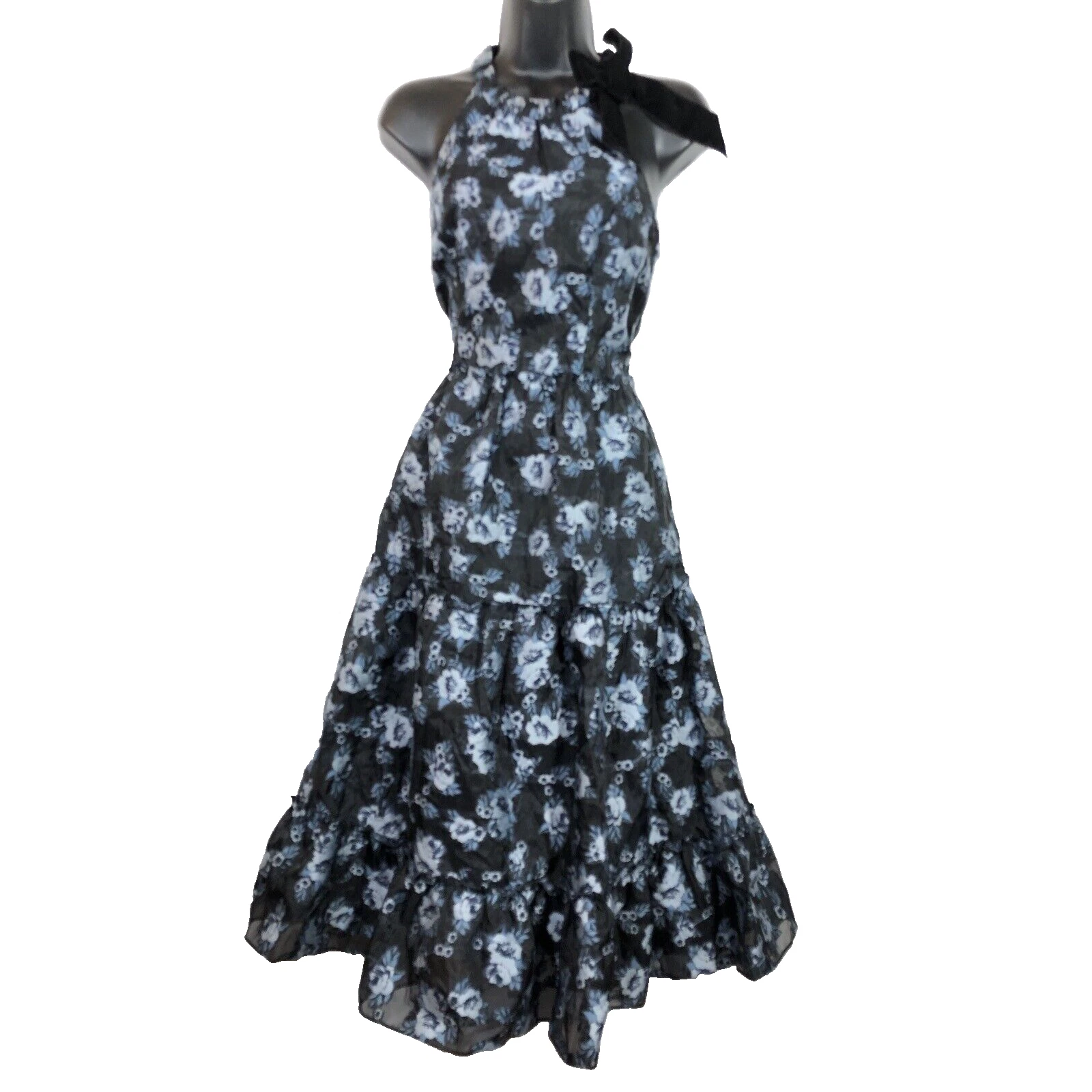 Abito a strati Kate Spade prateria rosa stampa cravatta velluto midi nero blu taglia 0 volant