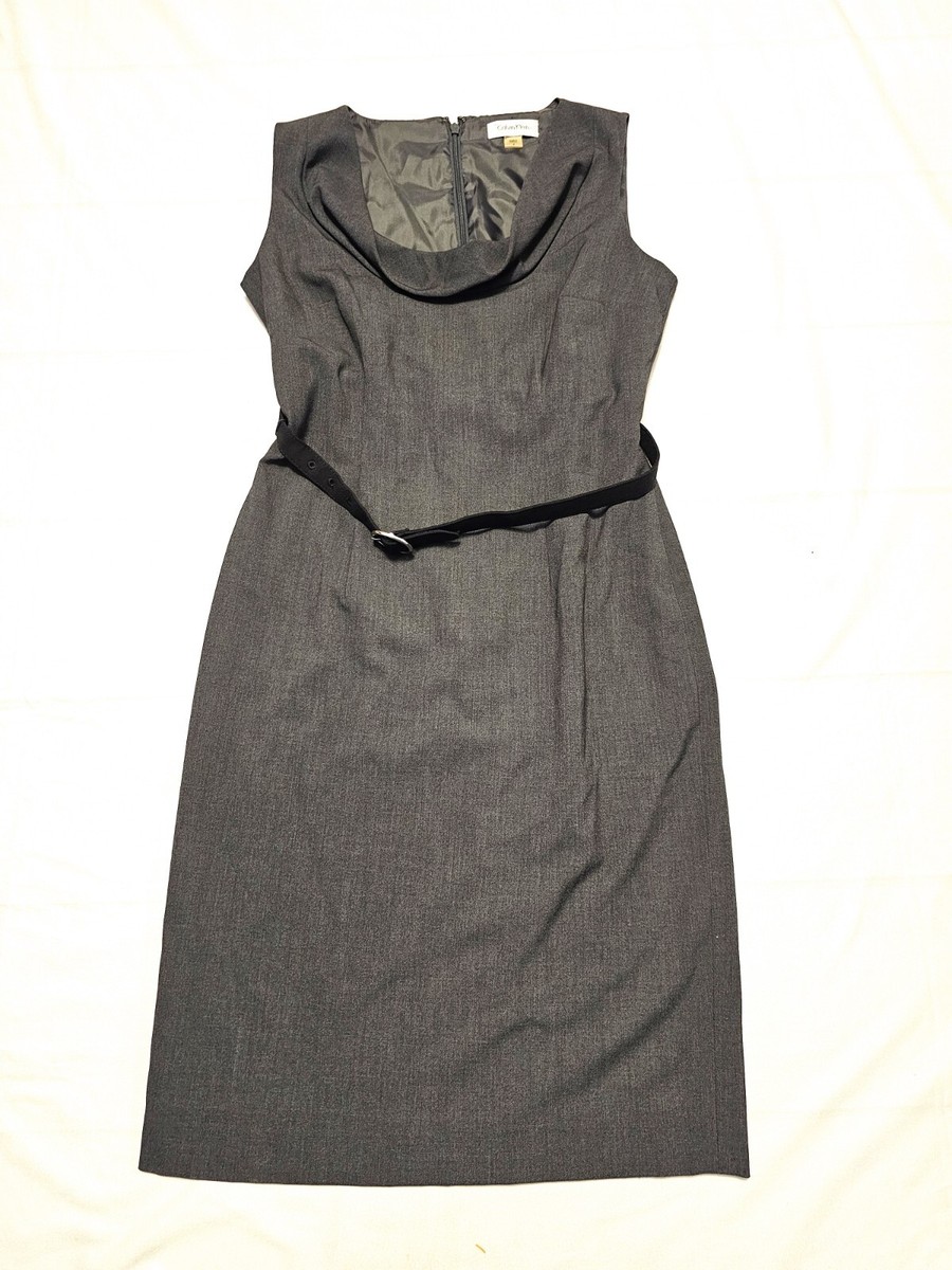 Calvin Klein Charcoal Gray Sleeveless Belted Career Dress Back