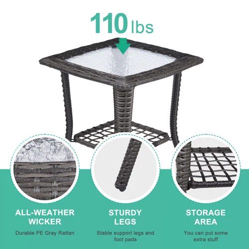 New Outdoor Wicker Side Table Rattan End Table with Glass Top for Indoor Garden - Picture 5 of 9