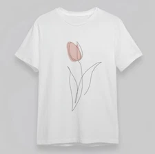 Women's Slight Stretch Classic T-Shirt Pink Tulip Line Art Botanical Tee Summer