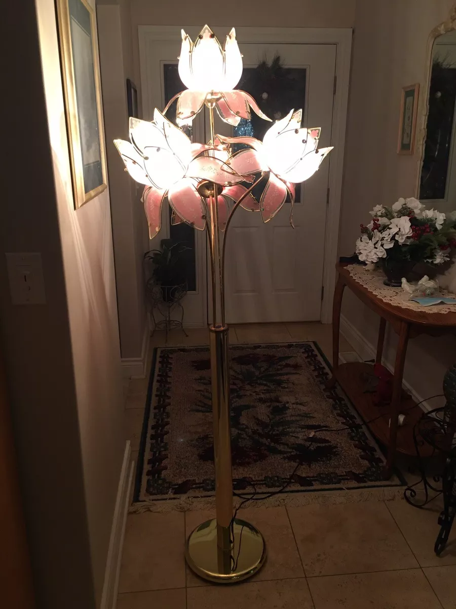 Vintage Anthony's California Pink Lotus Flower Brass Floor Lamp