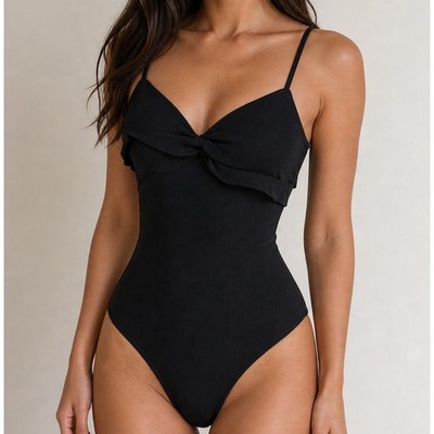 Black Ribbed Bodysuit Twist Front Spaghetti Strap Slim Fit Chic Top Sexy Y2K 90s