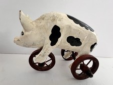 Tricycle Rolling Wood Pig Primitive Folk Art Farmhouse Figurine Handmade 7"x5"