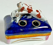 Antique Staffordshire Pottery "Playful Spaniels" Dog Figurine Inkwell c 1840-60s