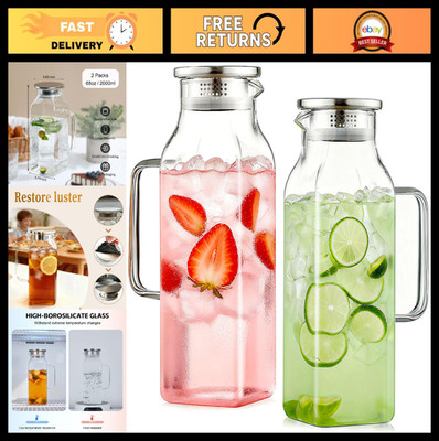2 Pack 2 Liters/68 oz Square Glass Pitchers With Handle and Lid, Borosilicate He