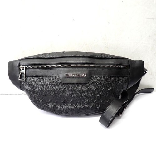 JIMMY CHOO Star Emboss Belt Bag Leather Black Mens Crossbody Sling Bag
