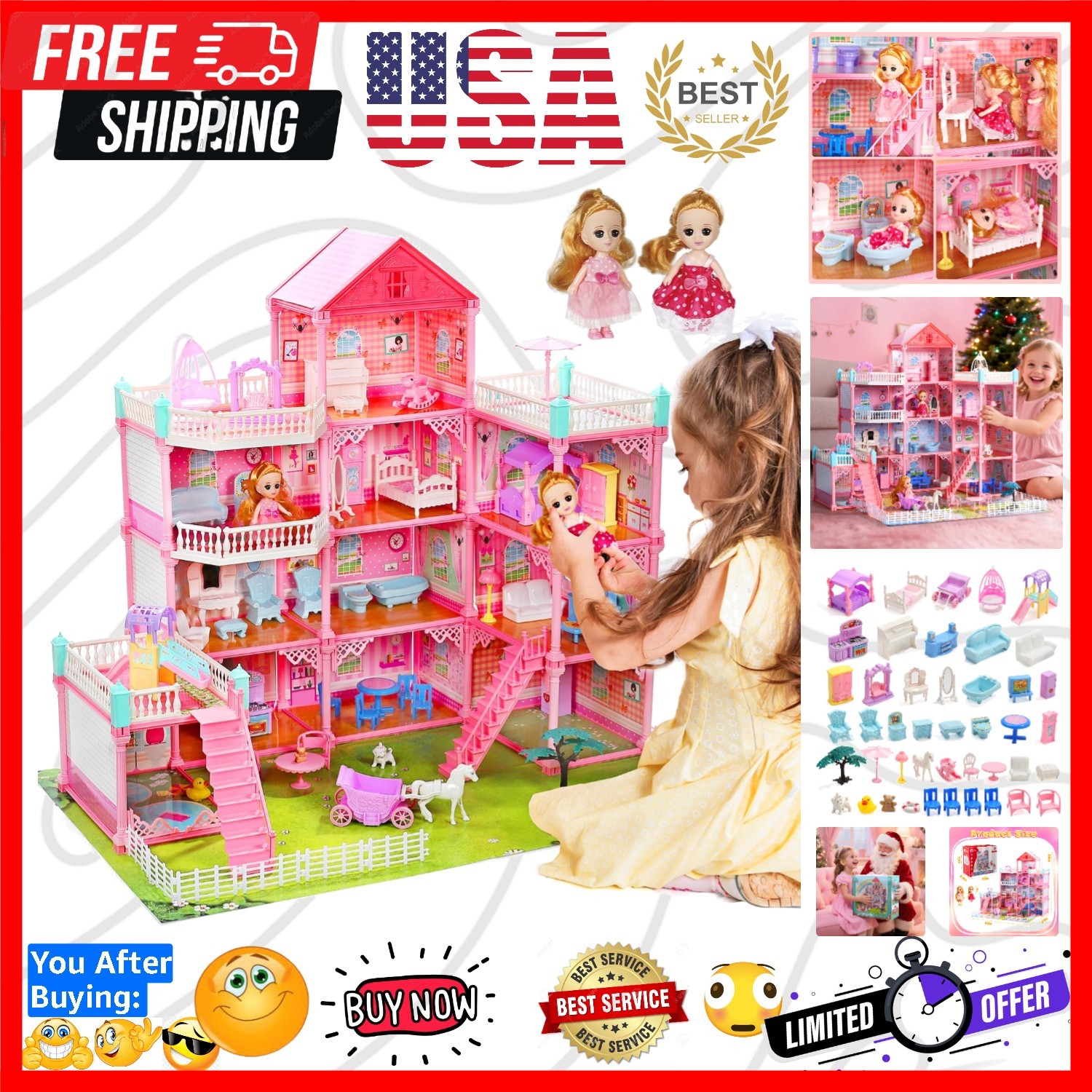 Huge Dollhouse for Girls &ndash; Large Pretend Play Doll House f