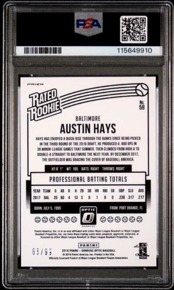 2018 Panini Donruss Optic Red Prizm #58 Austin Hays /99 Rookie RC PSA 10 POP 1 - Image 2 of 3