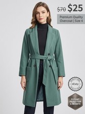Green Mid-Length Overcoat Button Belted Pockets Lined Size L