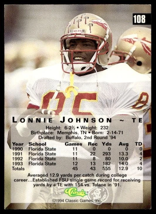 1994 Classic Four Sport Lonnie Johnson #108 Gold Florida State Seminoles - Image 2 of 2