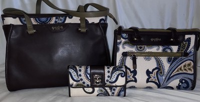 Spartina 3pc Bag Bundle Tote Satchel Wallet Blue Paisley Print Leather Trim
