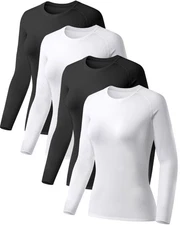 TELALEO Women’s 4-Pack Compression Long Sleeve Athletic Tops, XL, Mixed Colors