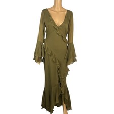 Asos design Maxi Dress Size 8 Khaki Green V-Neck Long Sleeve Ruffle Cut Out Back