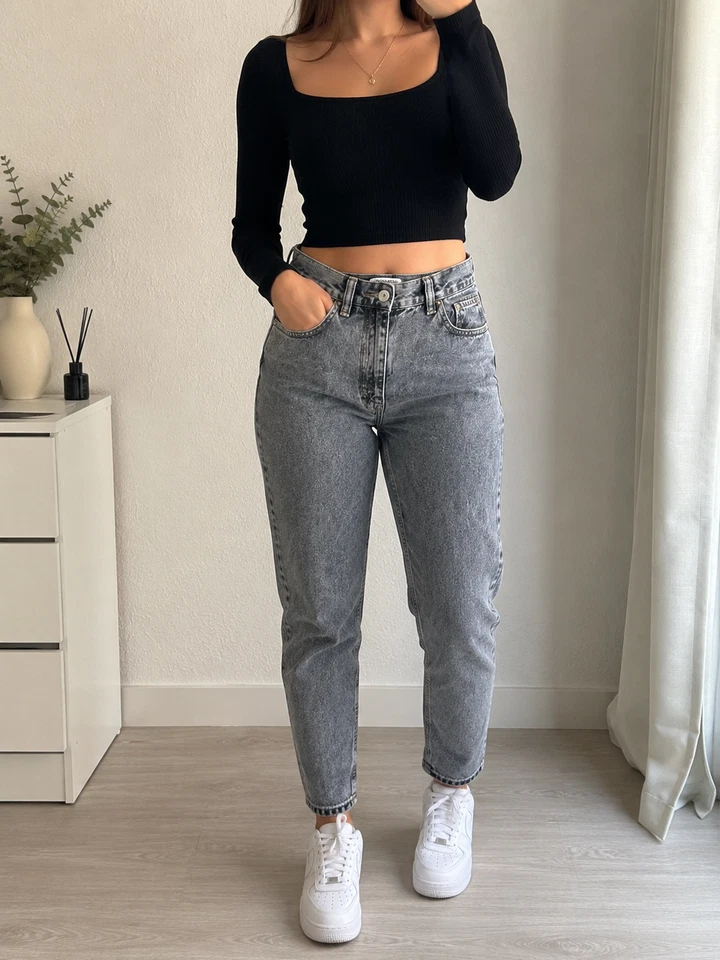 Jean Mom Fit Pull&Bear gris délavé femme – Taille 34 - Photo 1/4