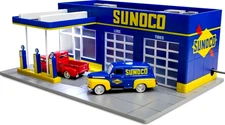 1/48 O Scale Ltd Ed. SUNOCO GAS SERVICE STATION Pre-Lit LED Lighted + 2 Diecast
