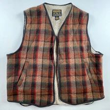 VTG Woolrich Large Vest Plaid Sherpa Lined Sleeveless Jacket Flannel Brown Red