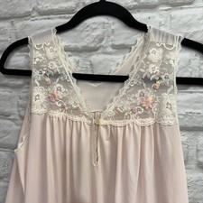 Vtg Shadowline Nightgown Pink Nylon Chiffon Overlay Lace Rosebuds Babydoll Small