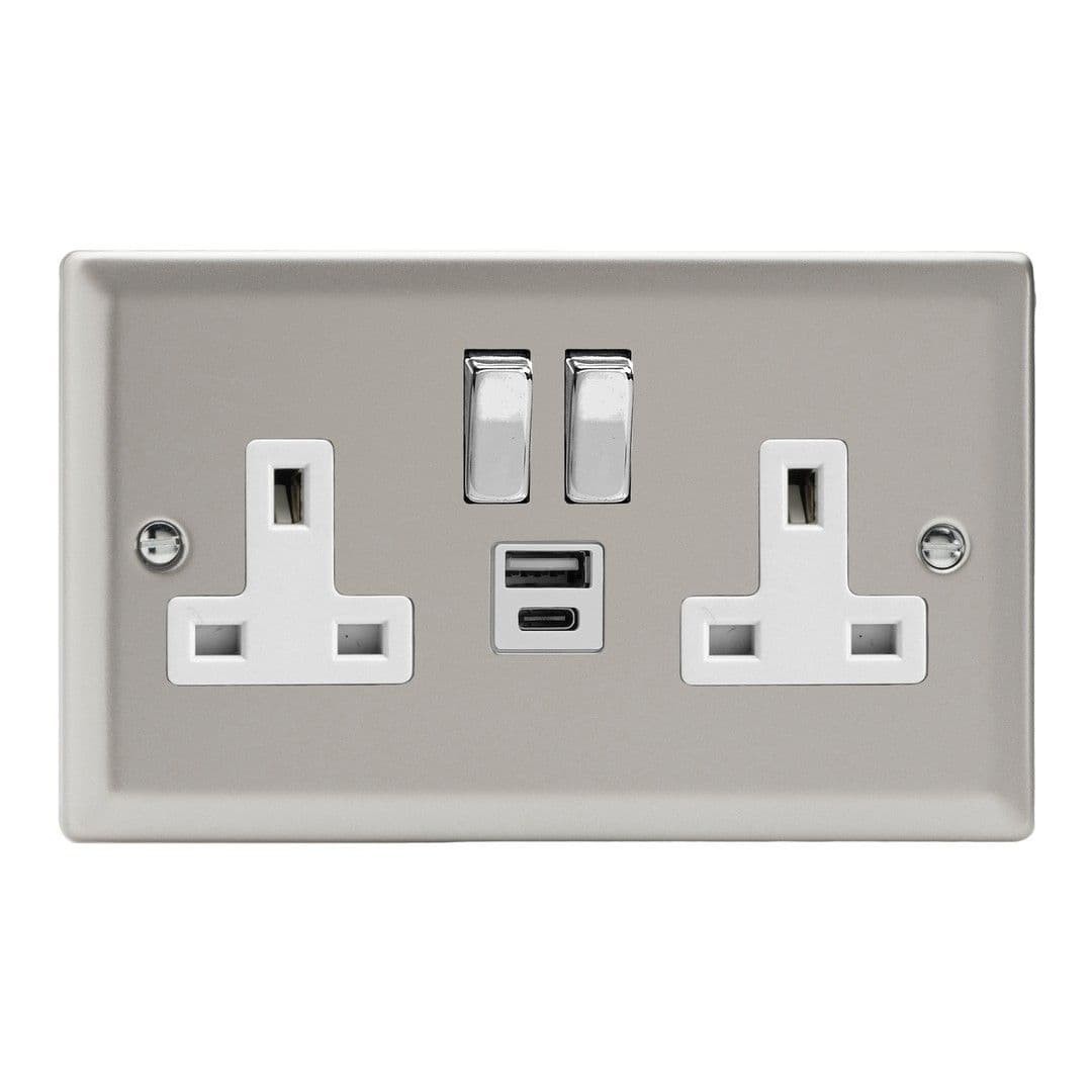 Varilight XN5UACDW Classic Satin Chrome 2 Gang 13A USB A+C Plug Socket