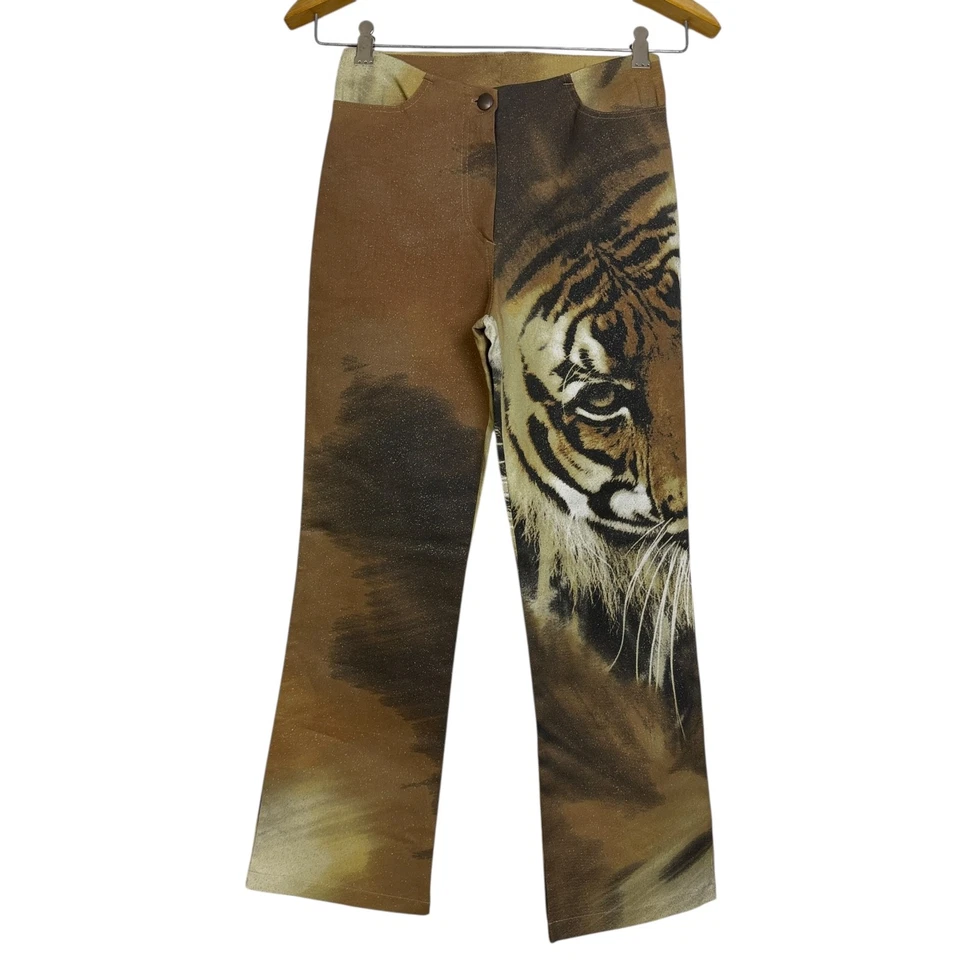 Pantalones De Colección Años 90 Y2K BeBe Bootcut Talla S Marrón Gráfico Tigre Gato Brillo Novedad Foto 2 de 4