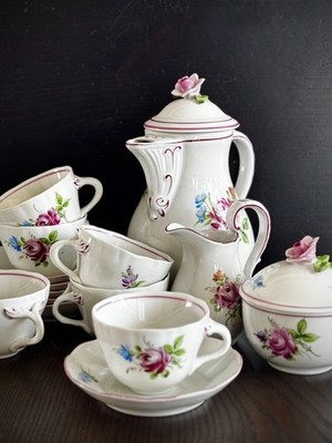 Vintage Von Schierholz German Porcelain Mokka Coffee Set Hand Painted, Romantic