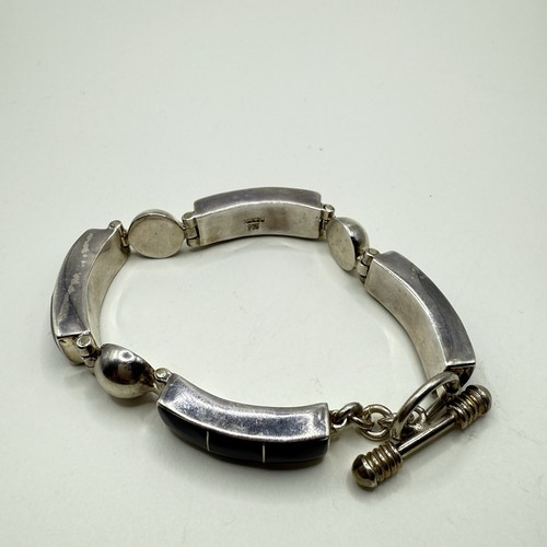 Vintage Mexican Sterling Silver Black Onyx Modernist Bracelet 7.75” D • 44.3g - Picture 13 of 18