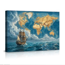 Vintage World Map with Sailing Ship Poster Wall Art Nautical Decor
