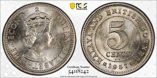 1957 KN Malaya & British Borneo 5c PCGS MS62