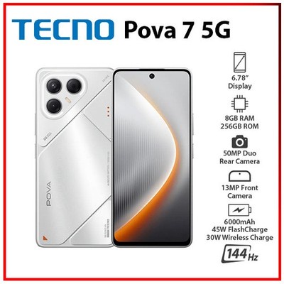 (New) TECNO Pova 7 5G 8GB+256GB SILVER Dual SIM Unlocked Android Cell Phone