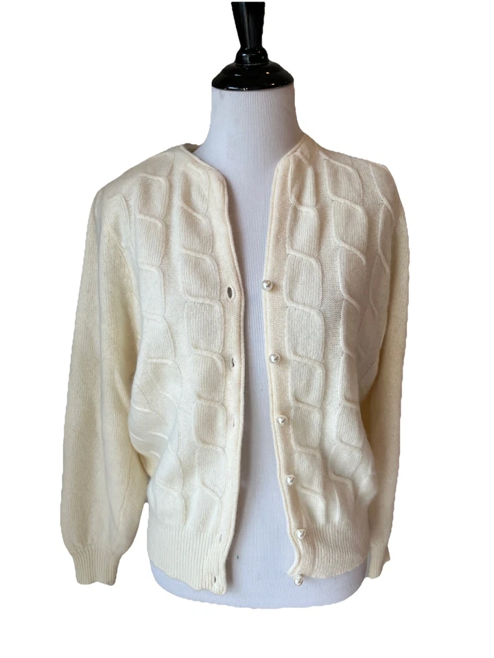 Adele Joyce 80s Cardigan Sweater Wool Angora Textured Size S Cream Deadstock - Image 2 of 4