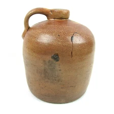 Antique 1880s-1900 Stoneware Jug Crock Handmade Brown Handle Cork Stopper RARE