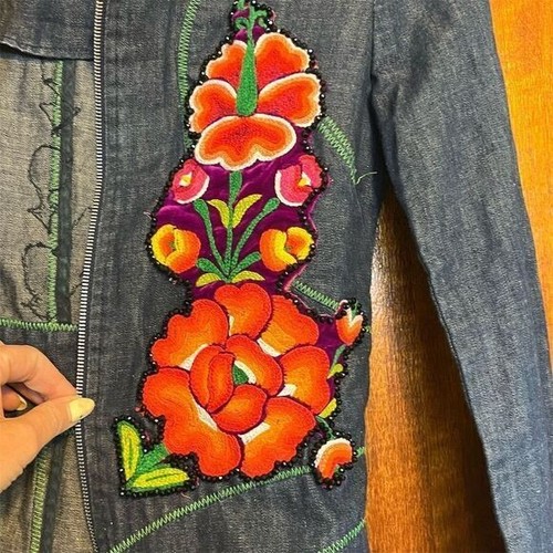Denim Embroidered Jacket Floral Applique Unique Design Coat Bohemian Style - Picture 5 of 9