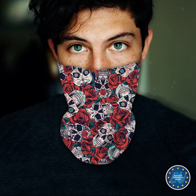 Washable Fabric Face Cover Neck Gaiter Unique Skull and Roses Design EU Made - Image 3 of 4